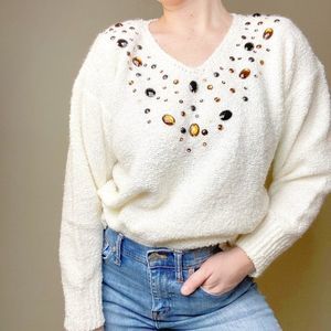 Vintage 80s Knit Jeweled Embellished Funky V Neck Pull Over Sweater Top Medium